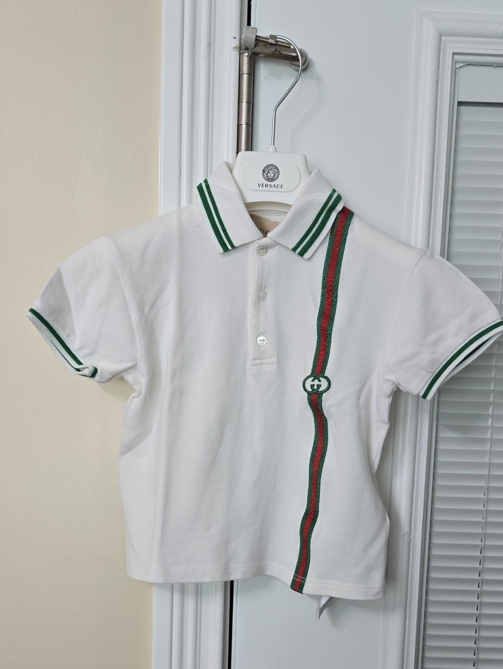 Versace White Polo with Green and Red Stripe Detail